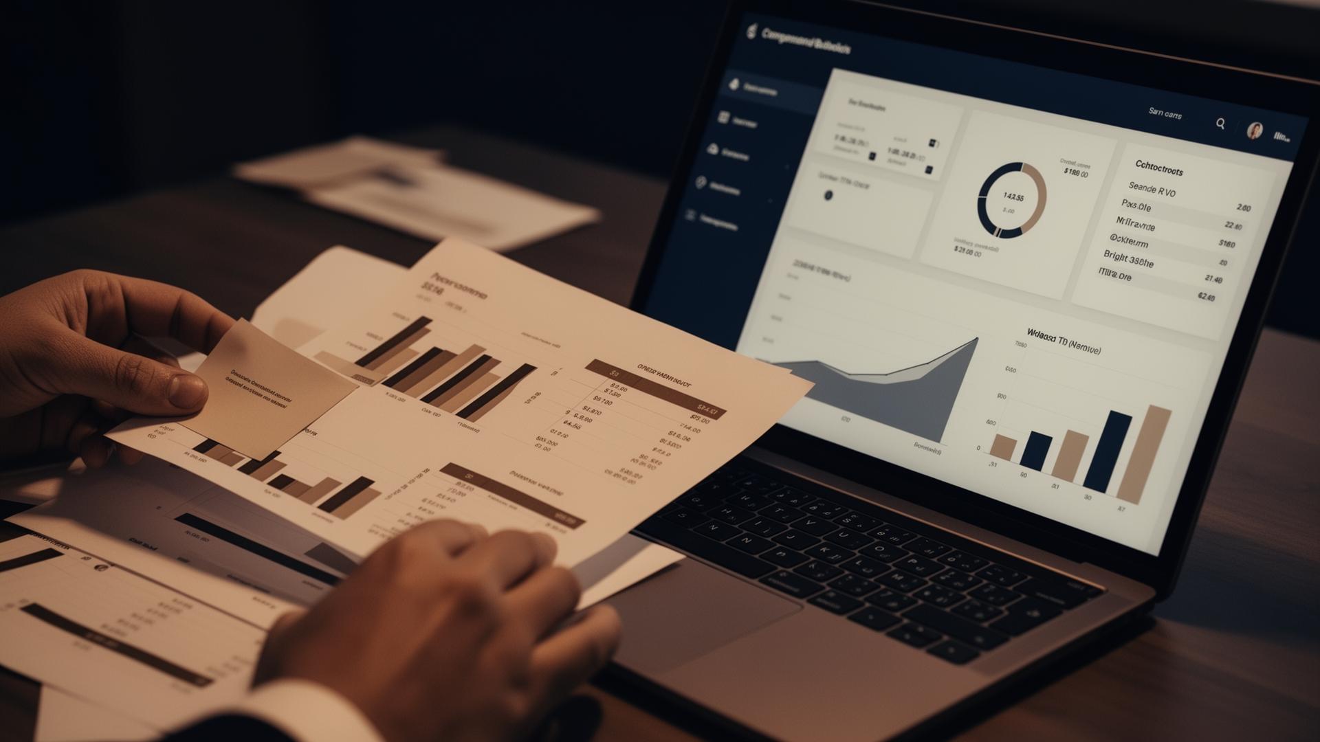 Mãos organizando relatórios financeiros e laptop com dashboard