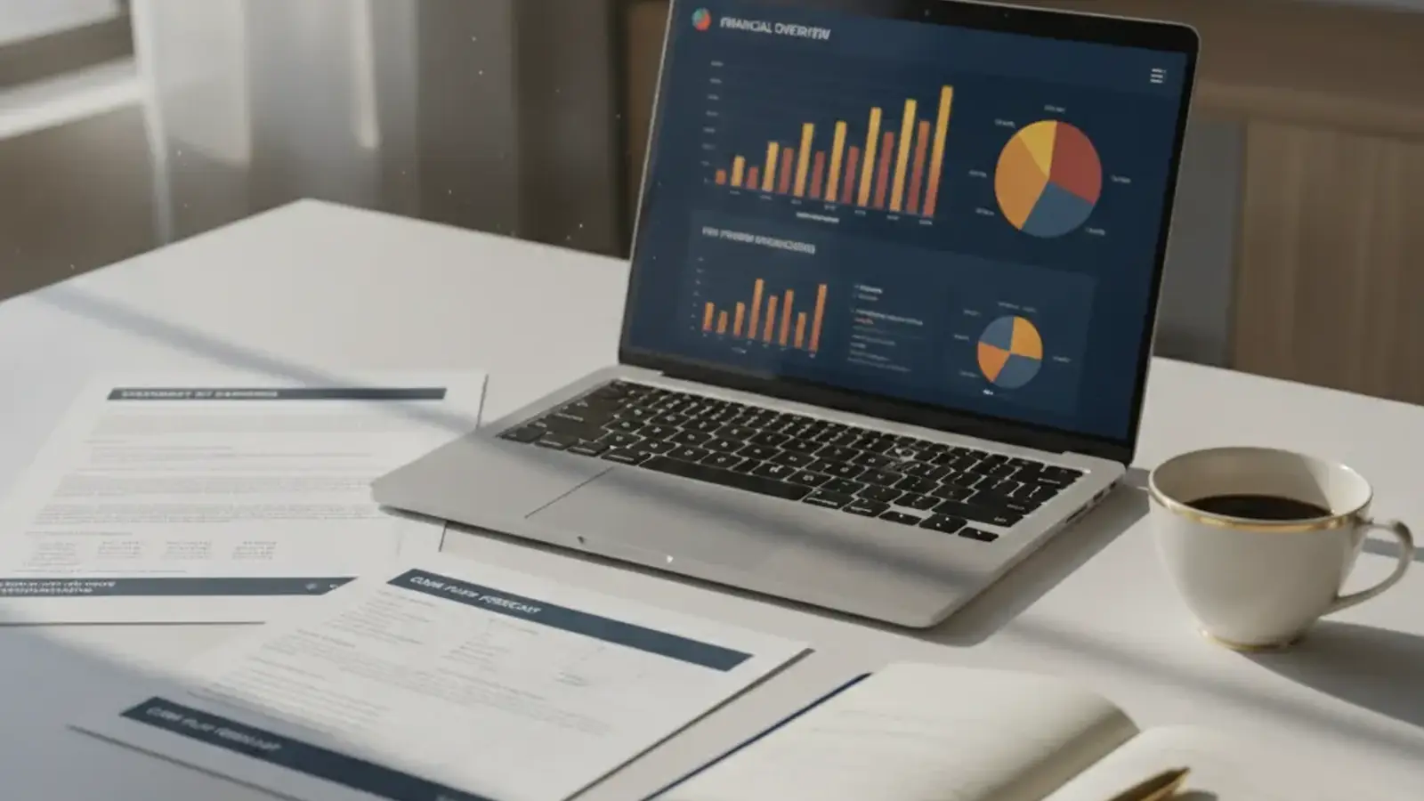 Reunião de trabalho com relatórios financeiros impressos sobre a mesa e notebook aberto
