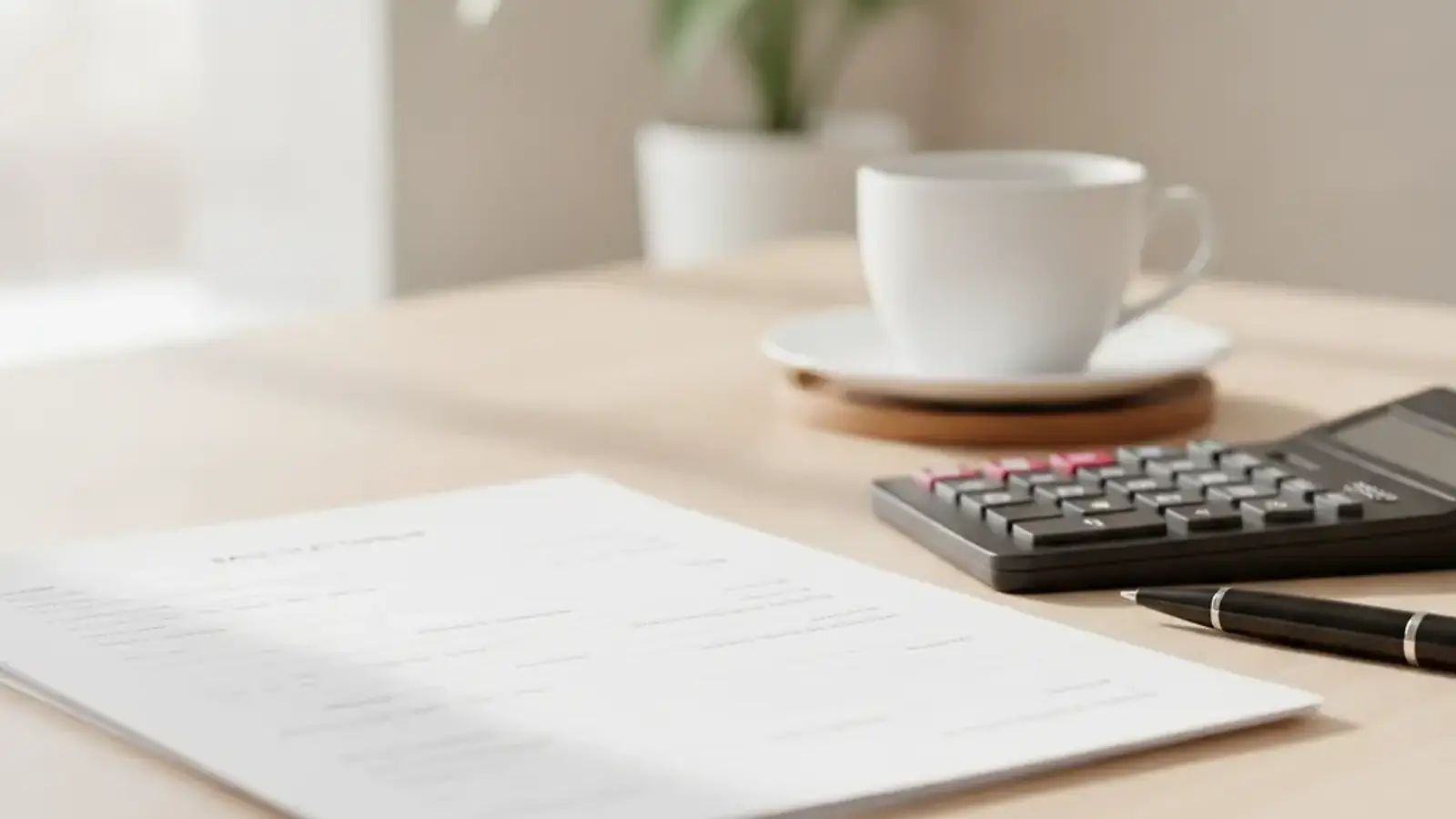 Extrato bancário impresso sobre mesa clara, ao lado de calculadora, caneta e xícara de café