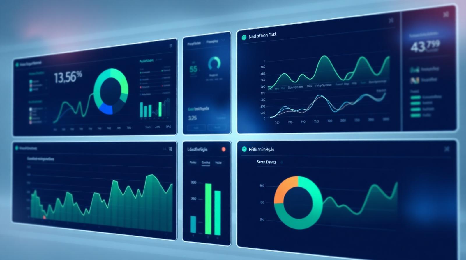 Painéis de dashboard financeiro em telas escuras, com gráficos de rosca, linhas e barras em tons de verde e azul.