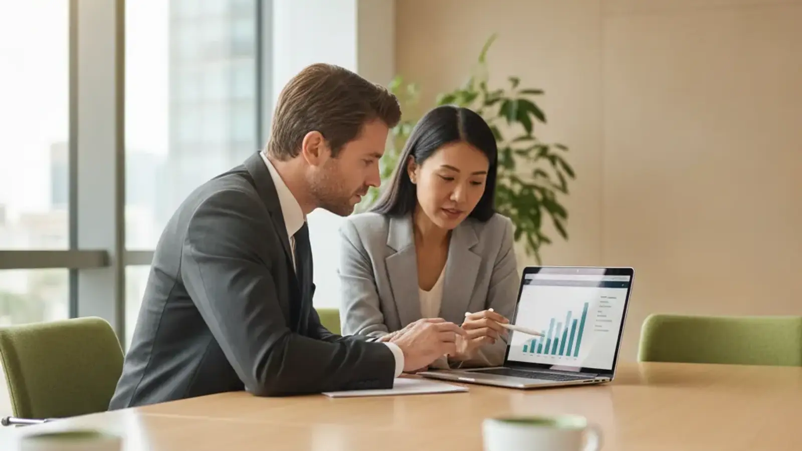 Duas pessoas em sala de reunião analisando gráficos financeiros em um notebook, com xícaras de café sobre a mesa