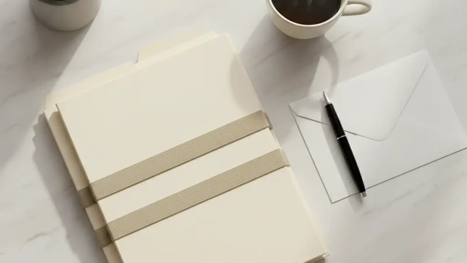 Pastas fechadas presas por elástico sobre mesa clara, ao lado de um envelope, uma caneta e uma xícara de café
