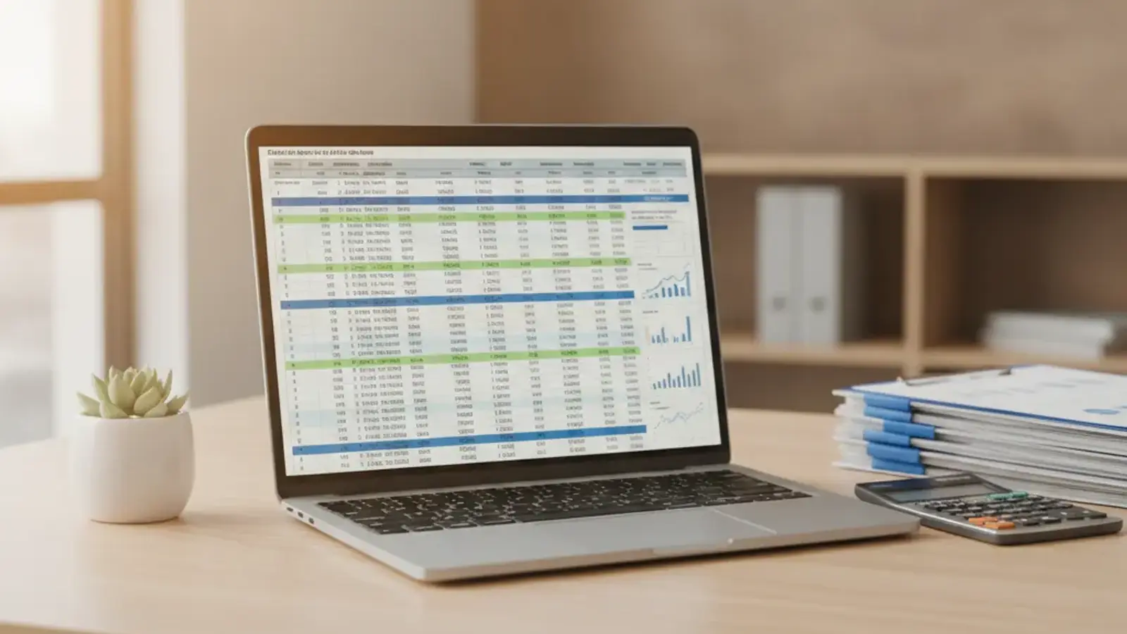 Notebook com planilha financeira sobre mesa de madeira clara, ao lado de calculadora, pastas e uma planta