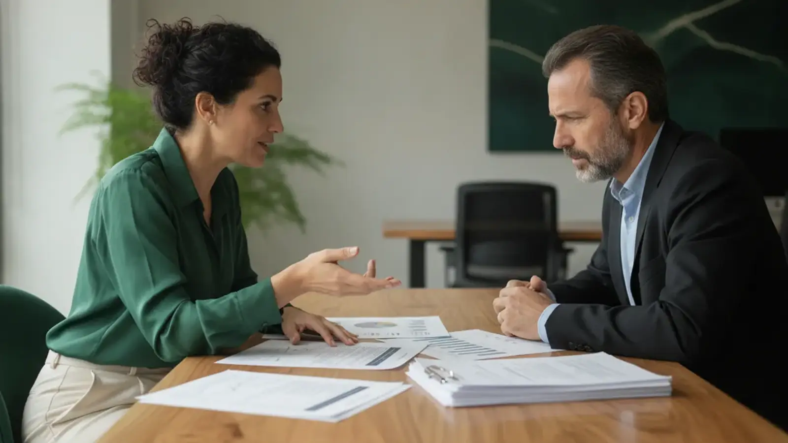 Sócia e sócio de uma empresa conversando à mesa de reunião, com relatórios financeiros impressos sobre a mesa de madeira