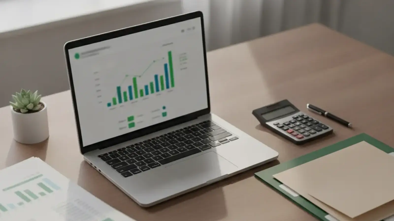 Mesa de trabalho com notebook exibindo gráficos financeiros, ao lado de calculadora, caneta e pastas de documentos