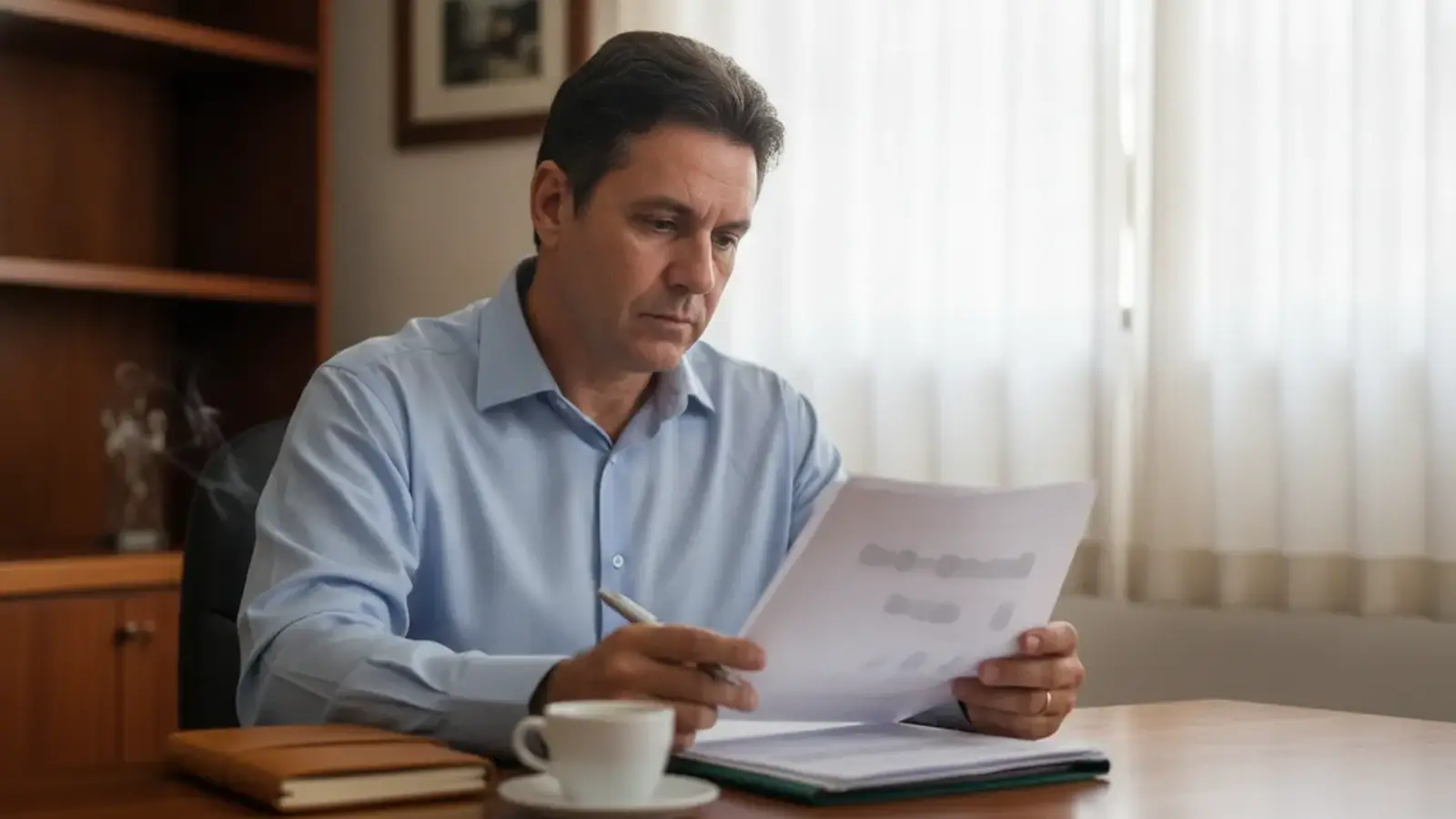 Empresário de camisa social lendo com atenção um relatório financeiro impresso à mesa do escritório, com xícara de café e caderno