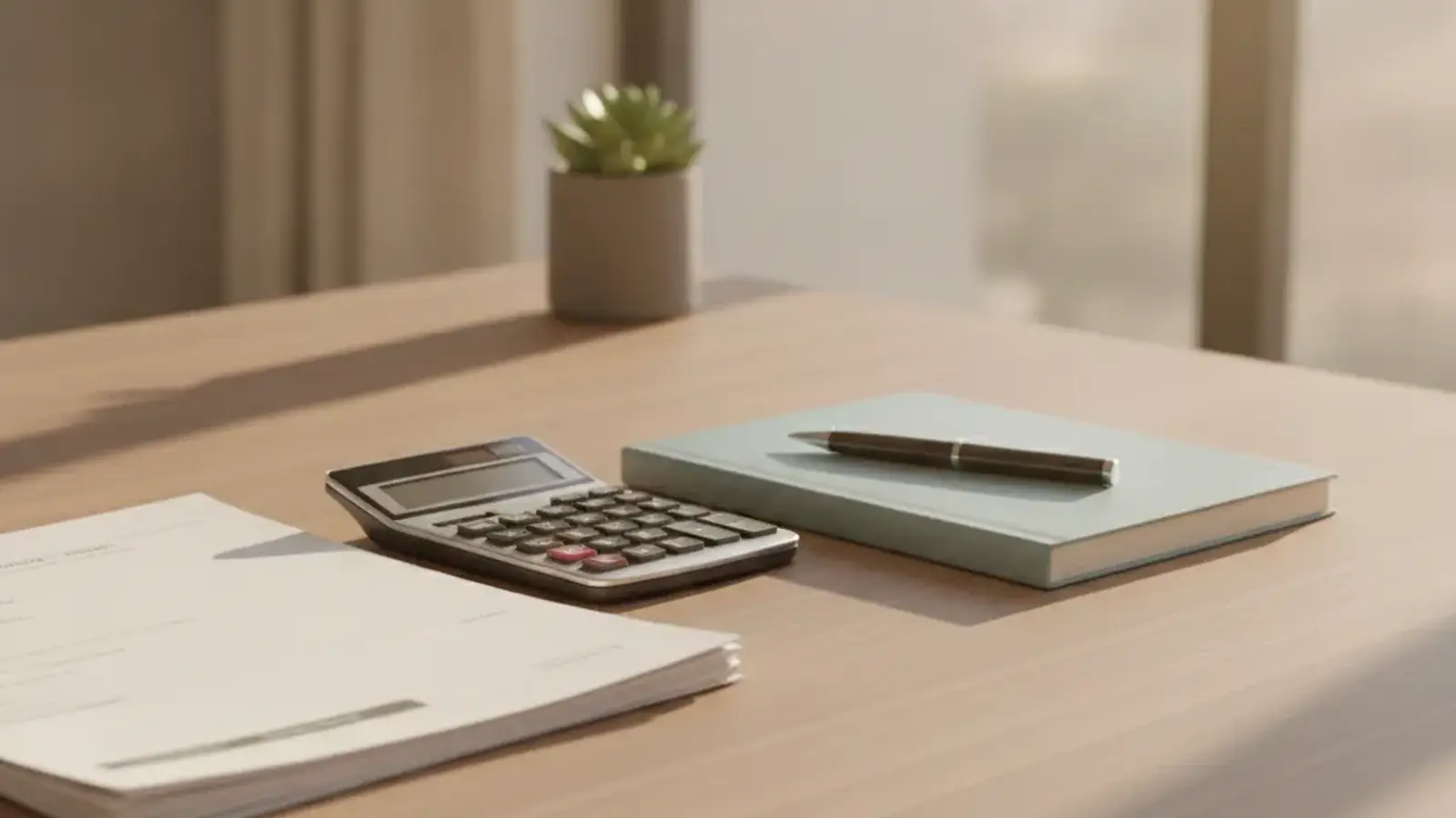 Mesa de escritório em luz natural com calculadora, caderno fechado com caneta por cima e documentos financeiros impressos ao lado.