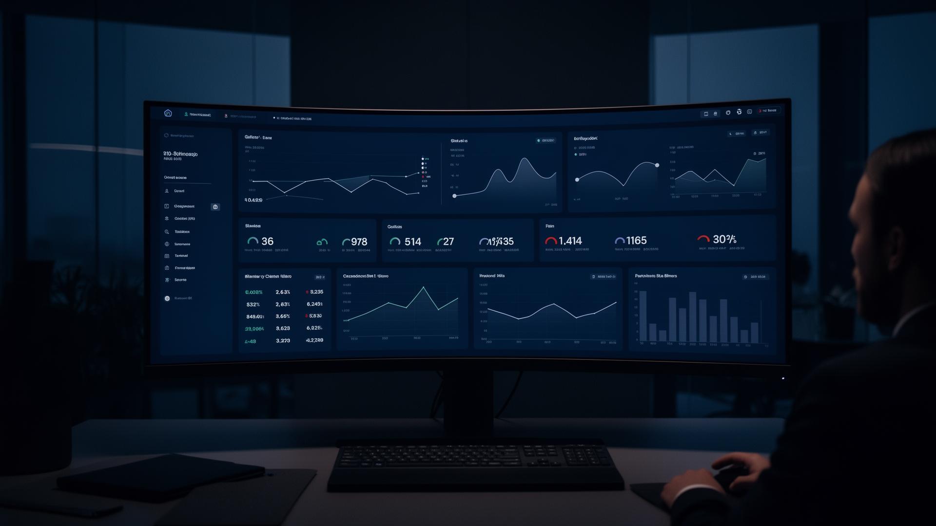 Tela de dashboard financeiro com KPIs e gráficos em escritório escuro